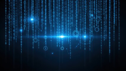 Obraz premium Digital matrix with glowing binary code and floating symbols in dark space