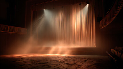 Warm stage lighting illuminates a theater with red curtains and a hazy atmosphere, creating a captivating and dramatic scene before a show begins.