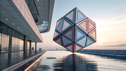 Levitating geometric cube prism object, abstract modern architecture, reflecting water, sunrise sky, futuristic design concept
