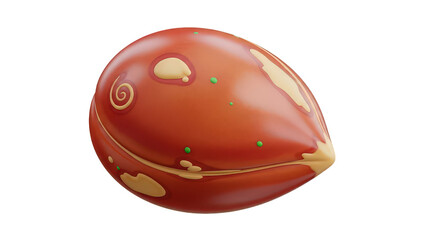 Fototapeta premium A stylized cartoonish peanut character with a smooth glossy reddishbrown shell decorated with whimsical creamcolored swirls and small green dots isolated on a plain background with no distractions