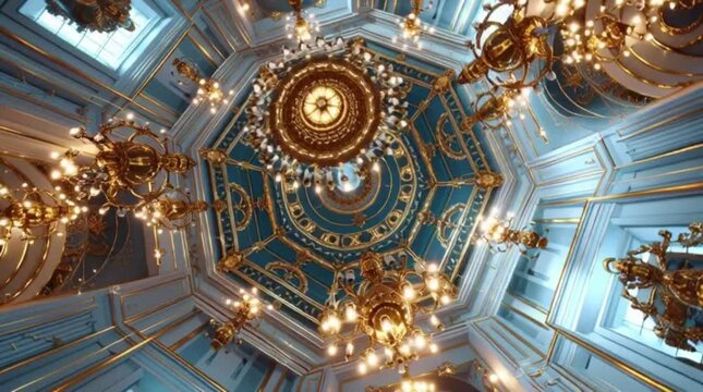 Low-angle shot of an ornate, gold and blue domed ceiling with chandeliers in a luxurious interior