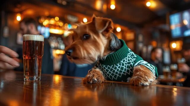 Yorkshire terrier in sweater enjoying a cozy bar ambiance. Saint Patrick's Day, St Paddy's Day, St Patty's Day - Irish National Holiday and Cultural Celebration