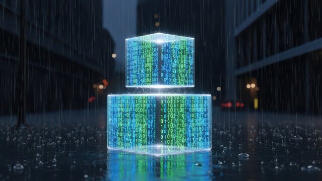 Futuristic cubes with binary code in a cityscape during a rainy evening