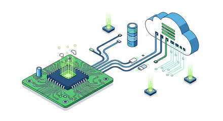 Futuristic data processing from a microchip to a cloud network.