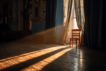 Sunlit interior with wooden floor, ornate details, and a solitary chair bathed in warm light streaming through sheer curtains, creating a dramatic and inviting atmosphere.