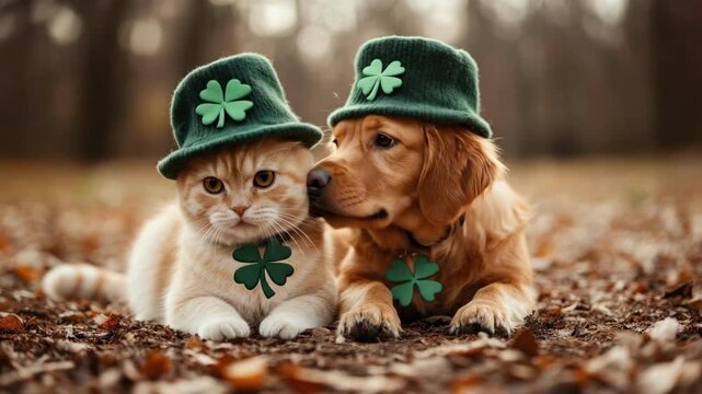 Cute cat and dog duo in matching green shamrock hats in autumn forest. Saint Patrick's Day, St Paddy's Day, St Patty's Day - Irish National Holiday and Cultural Celebration
