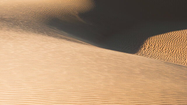 View of windswept sand dunes, sculpted by time and nature's artistry, cast long, dark shadows across the rippled landscape, Senek, Mangystau Region, Kazakhstan.