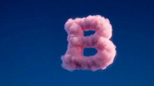 A playful pink cloud forms the shape of a letter against a bright blue sky, creating a whimsical atmosphere.