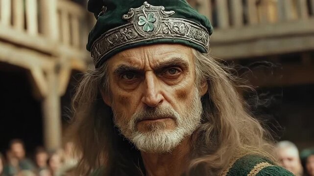 Elderly caucasian man in medieval attire with stern expression in historical setting. Saint Patrick's Day, St Paddy's Day, St Patty's Day - Irish National Holiday and Cultural Celebration