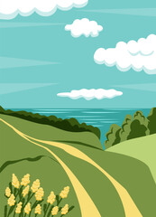 Fototapeta premium Summer landscape. Green field, a hill, fluffy cumulus clouds in the sky. Road, wild flowers. Rural scenery, peaceful outdoor environment. Nature.Travel tour. Vector