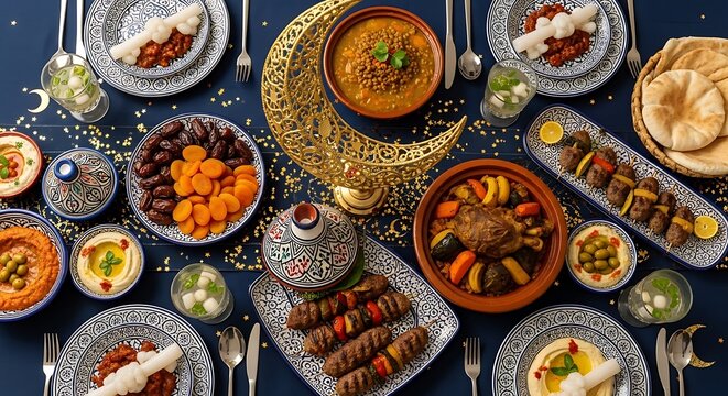 Magical Ramadan evening spread illuminated by starry constellations, featuring delicious Arabic dishes, dates, and illuminating crescent moon decor.