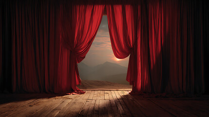 Crimson stage curtains frame a scenic vista of mountains at sunset, creating a captivating contrast between indoor drama and outdoor serenity, with a wooden floor.