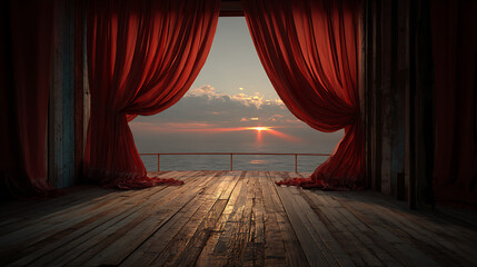 Dramatic stage setting with rich red curtains framing a serene seascape at sunset, wooden floorboards, and atmospheric lighting, digital art