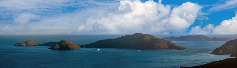 View of the resort islands north of Tortola (Guana and Great Camanoe) from the highlands of Tortola, British Virgin Islands © Luis