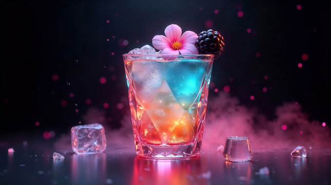 Elegant glowing summer cocktail with pink flower and blackberry garnish on dark neon background with smoke effects