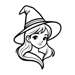 Fototapeta premium Dibujo sencillo con líneas de la cabeza de una chica joven con sombrero de bruja para tarjetas y felicitaciones de Halloween