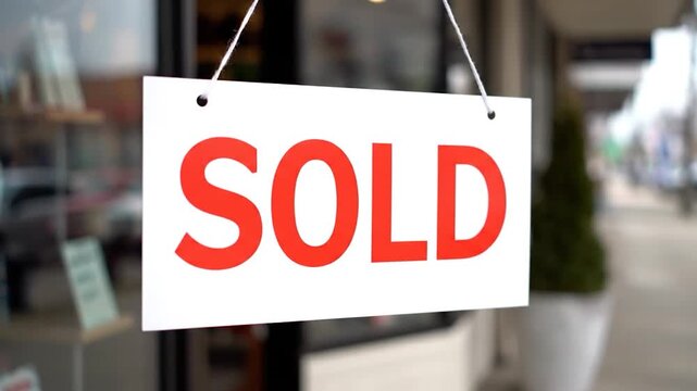 A "SOLD" sign hangs on a glass door, with a blurred street scene in the background