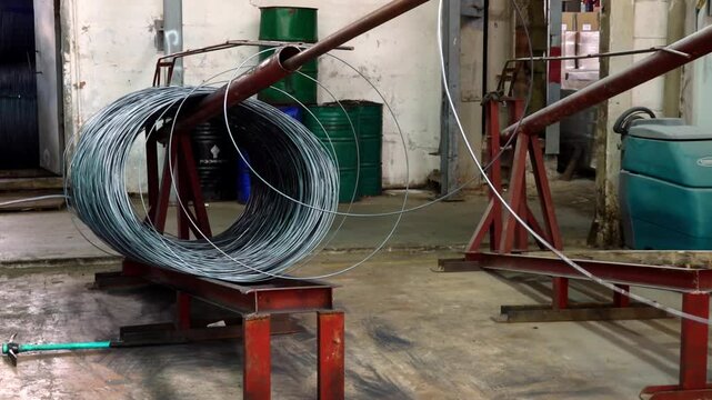 Wire spool unwinding process in industrial manufacturing setting