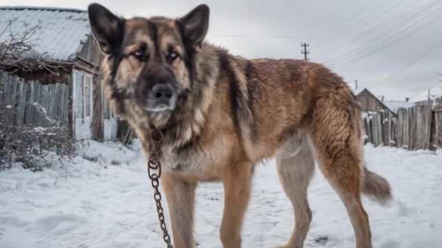 A wolflike dog stands on a snowcovered ground near a weathered wooden building chained with a visible chain