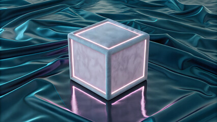 3D levitating hollow cube with soft glow on reflective teal fabric background minimal design