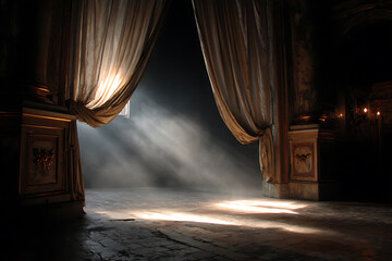 Ethereal interior scene featuring parted curtains with a luminous glow and swirling mist, creating a captivating and otherworldly atmosphere with detailed textures.