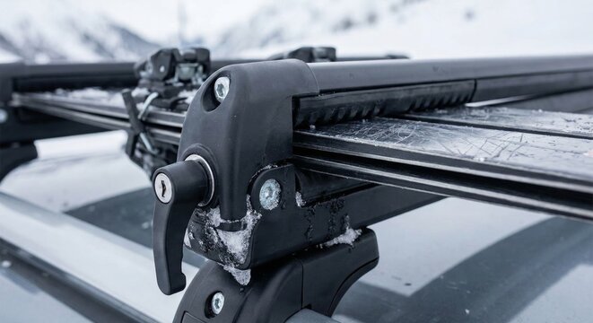 Ski rack mounted on car roof in snowy mountain setting for winter sports adventure and transportation