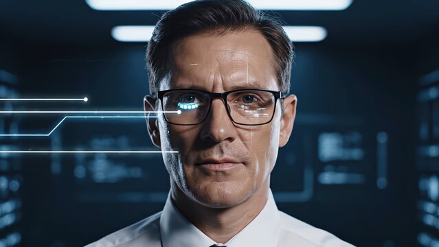 Caucasian man with glasses undergoes facial recognition technology analysis in a dark server room with glowing digital interfaces and data streams. scanning security, face recognition