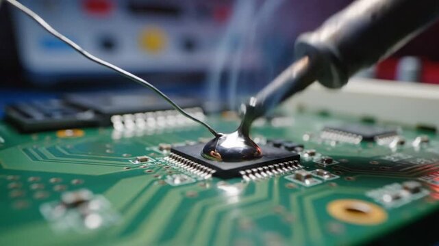 Soldering a Microchip: Close-up of a Soldering Iron Melting Solder onto a Circuit Board Component