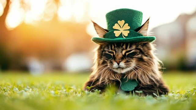 Maine coon cat in green st. patrick's day hat with shamrock in sunny field. Saint Patrick's Day, St Paddy's Day, St Patty's Day - Irish National Holiday and Cultural Celebration
