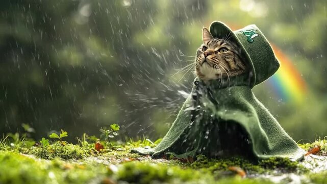 Tabby cat in green raincoat enjoying spring rain and rainbow in forest. Saint Patrick's Day, St Paddy's Day, St Patty's Day - Irish National Holiday and Cultural Celebration