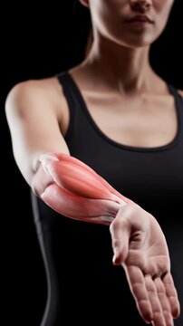 Detailed anatomical view of human forearm musculature and elbow joint flexor tendons in a studio setting with dramatic lighting