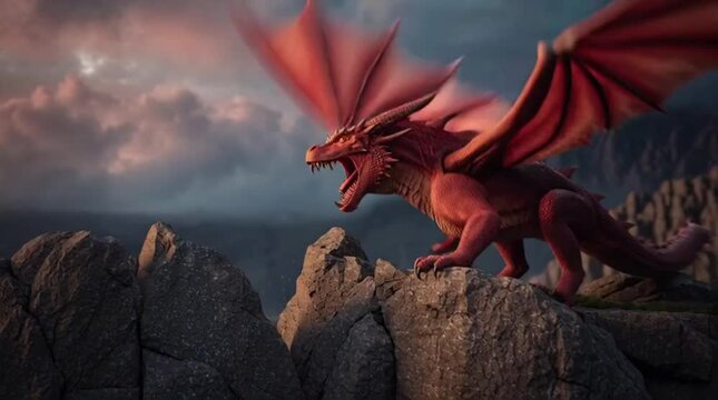 Majestic Red Dragon Breathing Fire on Cliff at Sunset