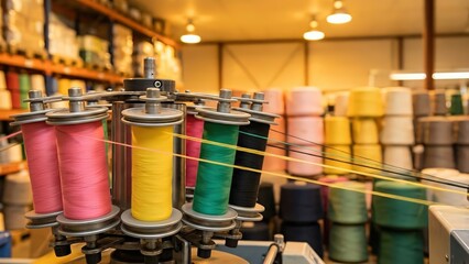 Colorful spools of thread in a textile workshop, showcasing vibrant threads in pink, green, yellow, and black, with blurred background of stacked fabric rolls