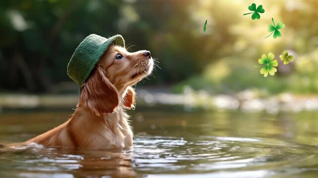 Golden dog in green hat wading through water with floating clovers in sunlight. Saint Patrick's Day, St Paddy's Day, St Patty's Day - Irish National Holiday and Cultural Celebration