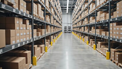 Fototapeta premium Warehouse interior with rows of stacked cardboard boxes, worker in black gloves organizing packages, revealing colorful socks inside a box on a shelf