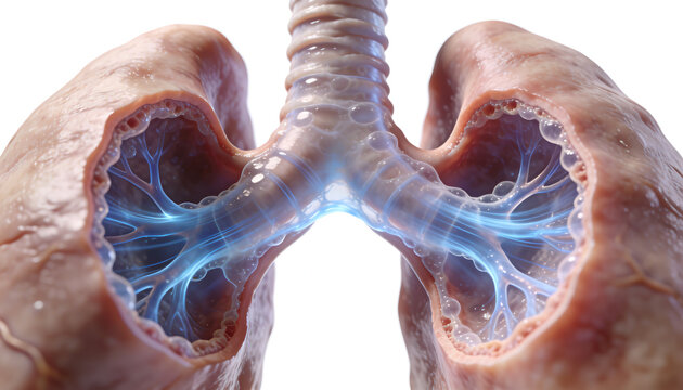 3D Medical Illustration of Bronchial Tube Cross Section Showing Airway Inflammation Mucus Buildup and Respiratory System Anatomy with Glowing Particles