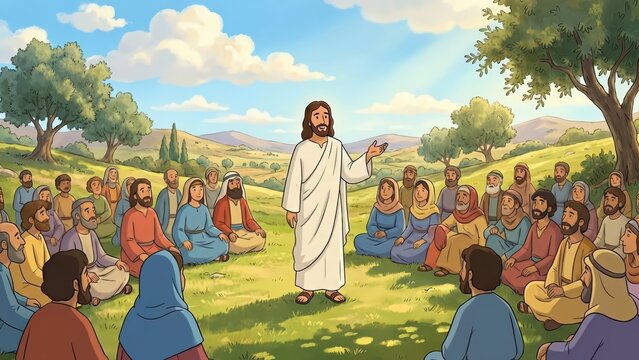 Jesus Christ in white robe speaks to a diverse group of people seated on grass in a serene landscape with trees and mountains under a bright sky