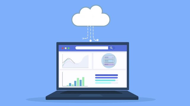 Flat vector animation of laptop displaying analytics report dashboard connected to cloud system, representing data visualization, online reporting, and digital technology workflow.
