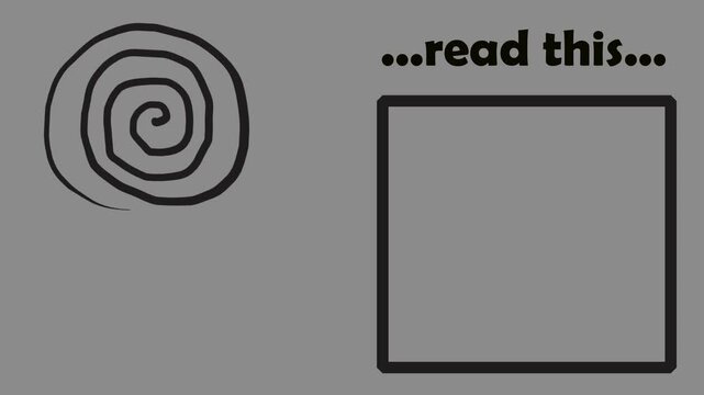 Above the frame hangs the inscription "Read This." A spiral spins nearby, creating a hypnotic backdrop.