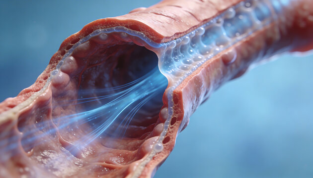 3D Medical Illustration of Bronchial Tube Cross Section Closeup Showing Airway Passage Mucus Lining and Respiratory Tract Internal Structure Detail