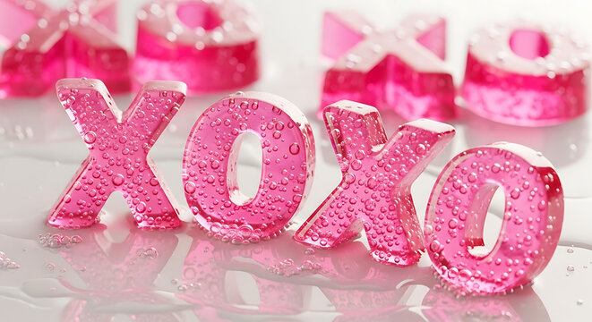Pink glossy XOXO letters with water droplets, romantic hugs kisses Valentine&rsquo;s Day affectionate background design, 32K Revolution 