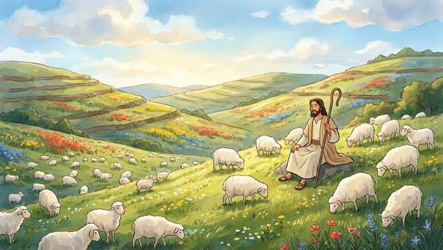 Jesus Christ depicted as a shepherd in a vibrant green valley, surrounded by grazing sheep, with rolling hills and colorful flowers under a bright sky