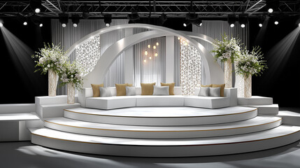 Modern elegant wedding stage visualization, contemporary matrimonial platform, bridal celebration backdrop, stylish ceremony setting, with copy space