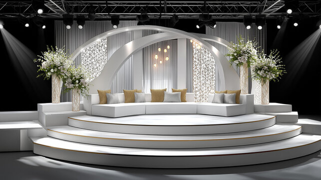 Modern elegant wedding stage visualization, contemporary matrimonial platform, bridal celebration backdrop, stylish ceremony setting, with copy space
