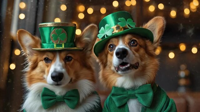 Two corgis in green st. patrick's day outfits with bow ties and hats. Saint Patrick's Day, St Paddy's Day, St Patty's Day - Irish National Holiday and Cultural Celebration
