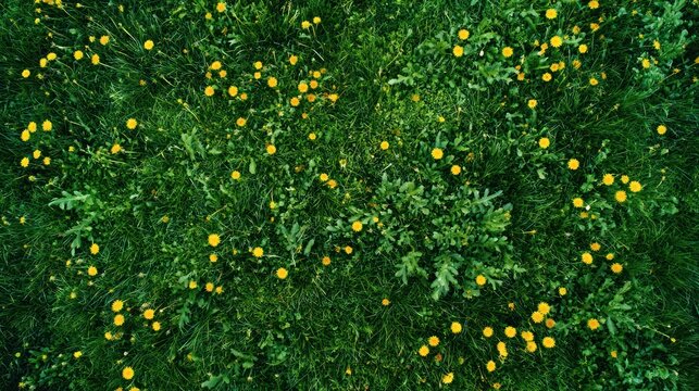 Overhead view of lush green grass speckled with vibrant yellow wildflowers