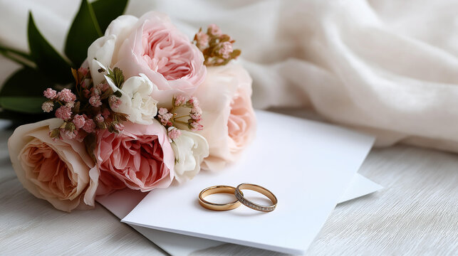 Romantic wedding invitation flat lay with flowers rings, matrimonial stationery styling, bridal celebration paper goods, ceremonial communication design, with copy space
