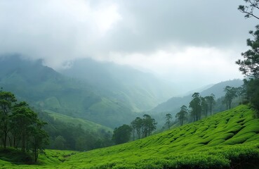 Obraz premium Expansive green tea plantation covers rolling hills under a misty, cloudy sky. Rich mountain landscape with trees and valleys offers a serene, natural vista for travel and eco themes.