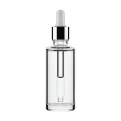 Naklejka premium Clear glass dropper bottle with silver cap and white rubber bulb on a white background.