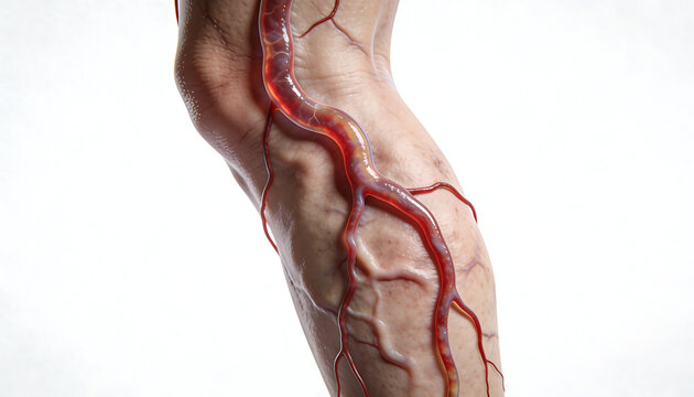 3D Medical Illustration of Leg Vein Segment with Varicose Veins Showing Venous Insufficiency Blood Circulation Problem and Vascular Disease Detail